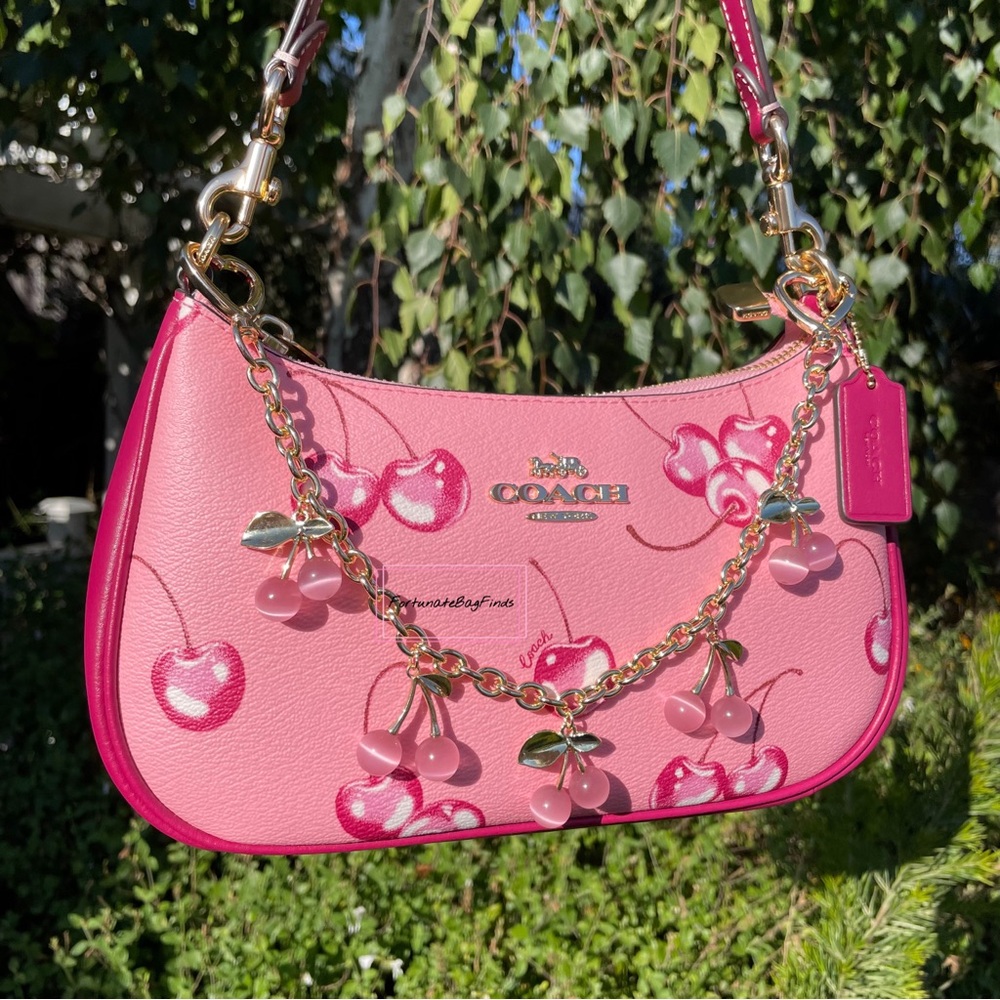 Pink Crystal Cherry Bag Charm Chain Novelty Purse Strap Baby Pink Cherries Charm - Picture 6 of 14